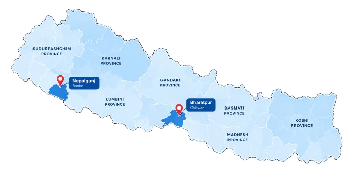 Map of Nepal showing CRL branches in Nepalgunj (Banke) and Bharatpur (Chitwan)