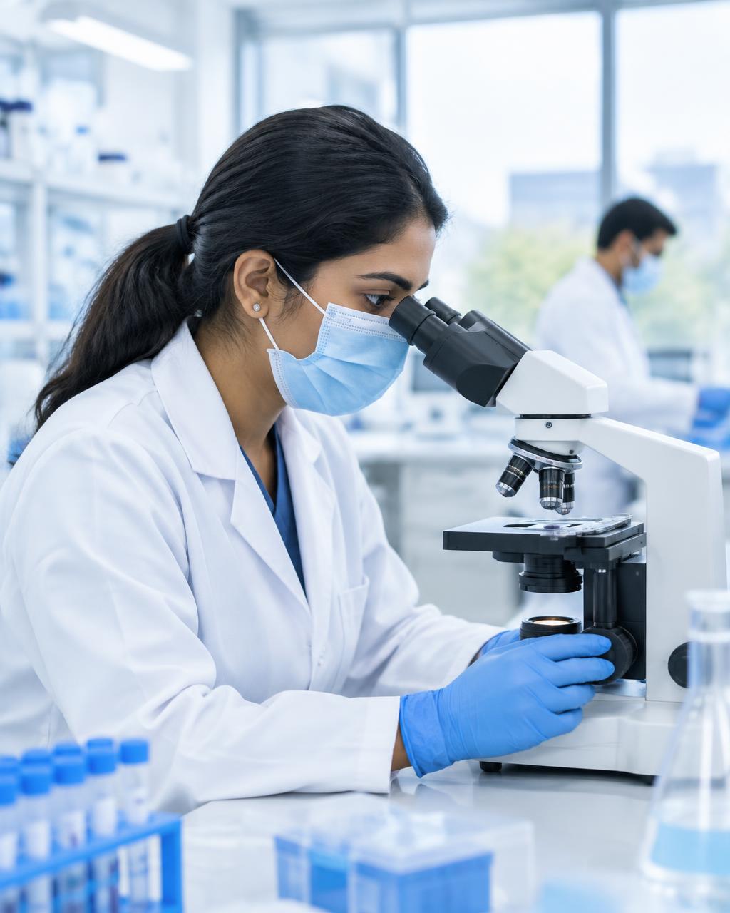 Laboratory professional examining a sample under a microscope