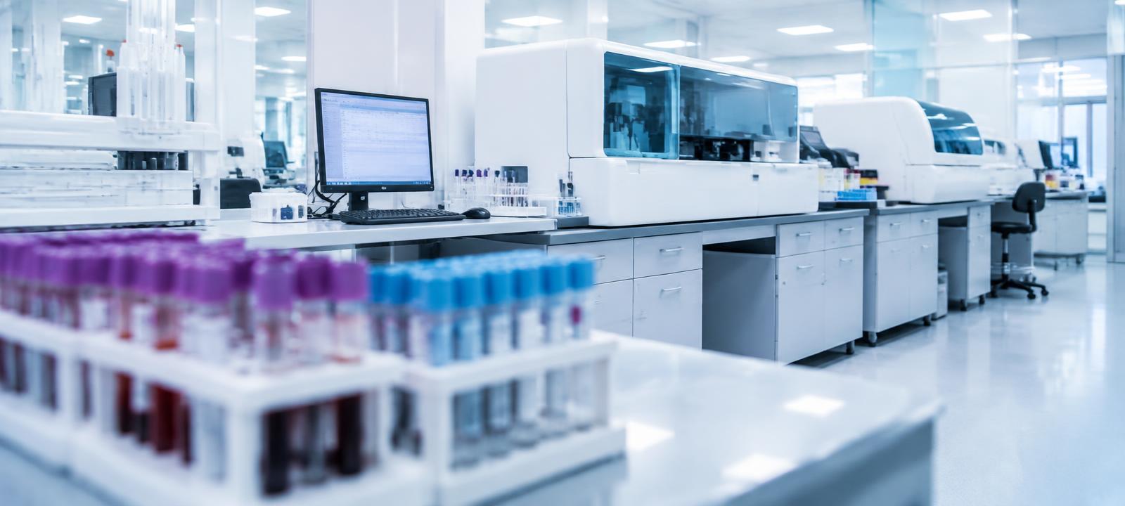 Modern automated diagnostic laboratory with analyzers and sample tubes