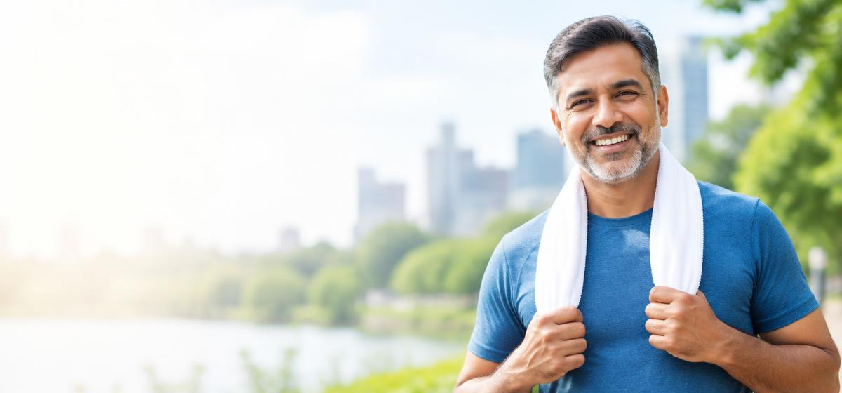Active middle-aged man smiling after exercise outdoors